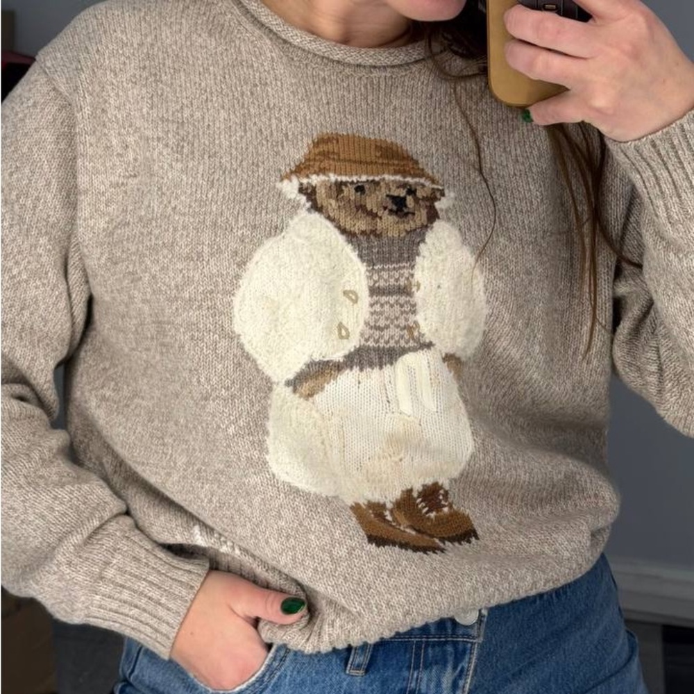 Women's Beige Sweater with Bear Design